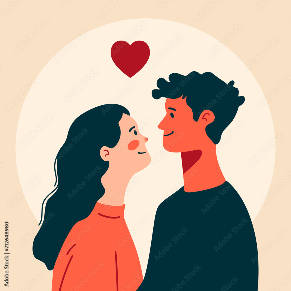 A couple in love with a heart. Flat vector illustration for Valentine's Day. A young guy and a girl look at each other and smile