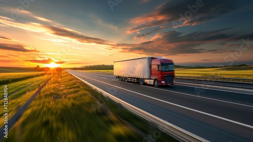 highway truck on a large road in a beautiful sunrise or sunset in high resolution and quality. transportation concept © Marco