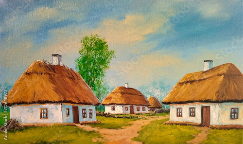 Oil paintings rural landscape, spring, old house in the village, old house in the countryside