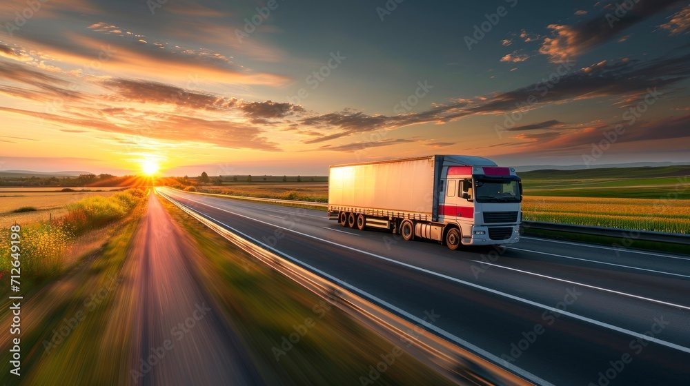 highway truck on a large road in a beautiful sunrise or sunset in high resolution and quality. transportation concept or banner on the truck