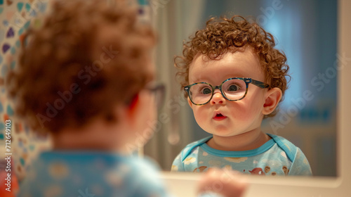 A heart-melting moment captured in a photograph, featuring a baby with curly hair and glasses, gazing curiously at a mirror, exploring their own reflection with innocence and fasci photo