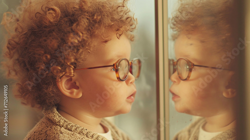 A heart-melting moment captured in a photograph, featuring a baby with curly hair and glasses, gazing curiously at a mirror, exploring their own reflection with innocence and fasci photo