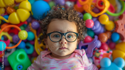 A visually elaborate composition of a baby with curly hair and glasses, surrounded by vibrant, age-appropriate toys that encourage sensory exploration, emphasizing the importance o