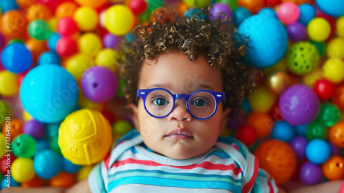 A visually elaborate composition of a baby with curly hair and glasses, surrounded by vibrant, age-appropriate toys that encourage sensory exploration, emphasizing the importance o