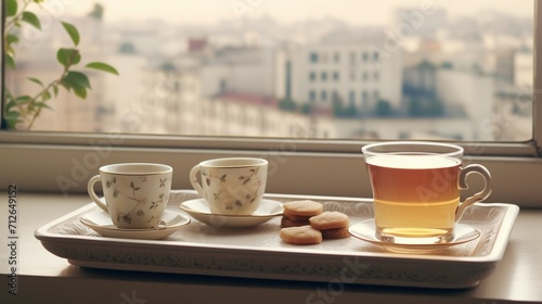 A cup of tea set on a vintage tray, blurred cityscape visible through a window in the background