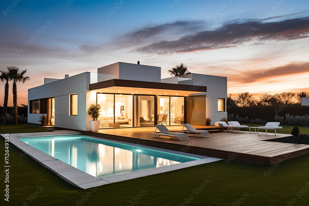 Fototapeta premium Modern villa with swimming pool and outdoor seating area
