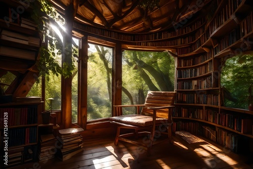 a whimsical image of a reading nook in a treehouse © Rao