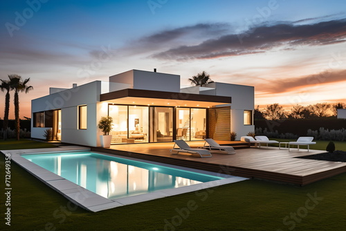 Modern villa with swimming pool and outdoor seating area