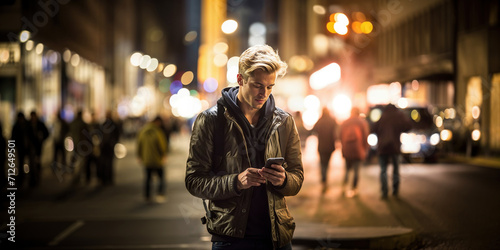 attractive beautiful young blond or European man using and texting on his smart phone mobile for service 5g digital communication and online social media city banner