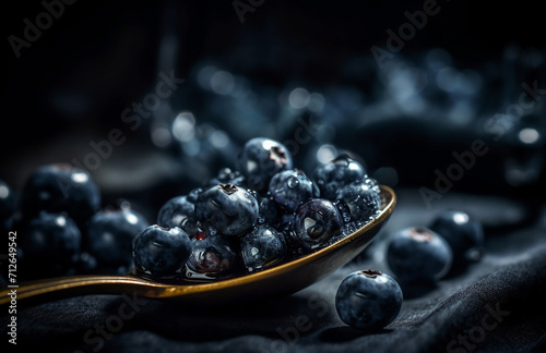 - 3 blueberries in a spoon on a blue tablecloth, generative ai