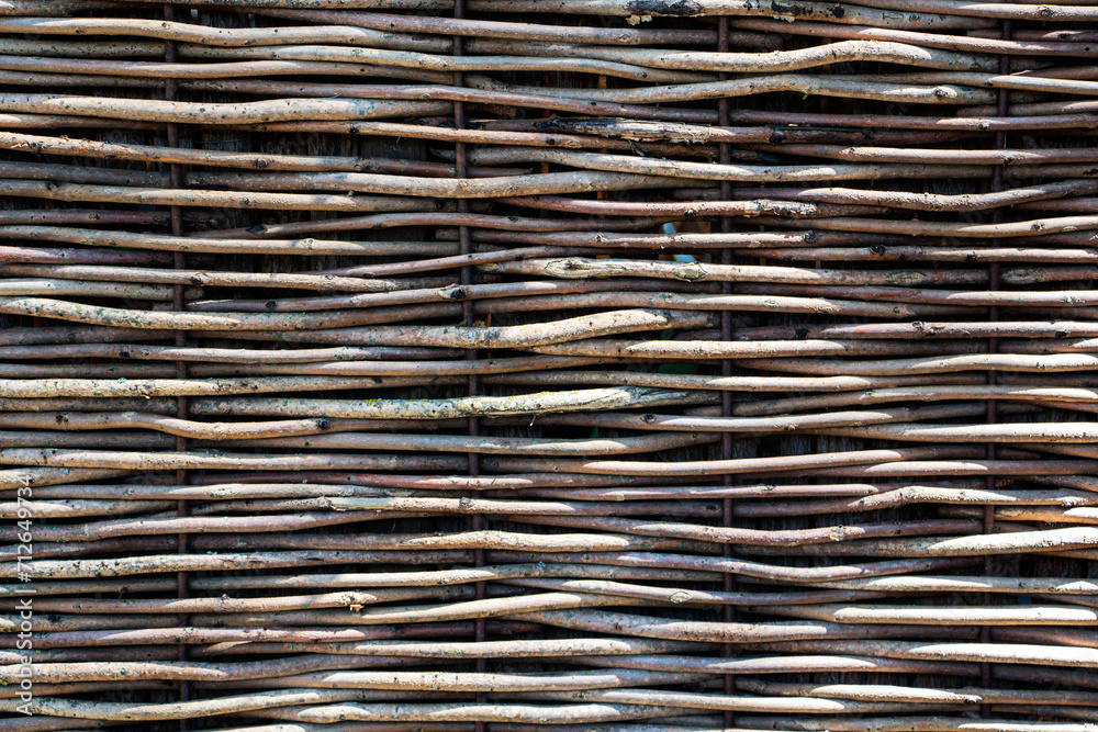 Fence made of flexible tree branches. Wicker fence made of tree branches. Rustic fence made of branches Fence made of flexible tree branches. Wicker fence made of tree branches. Rustic fence made of branches