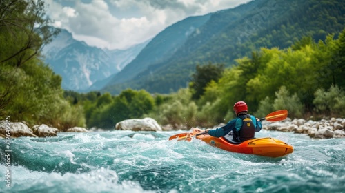 Kayaking next to a majestic mountain rage, flowing rapids and a person on a kayak.