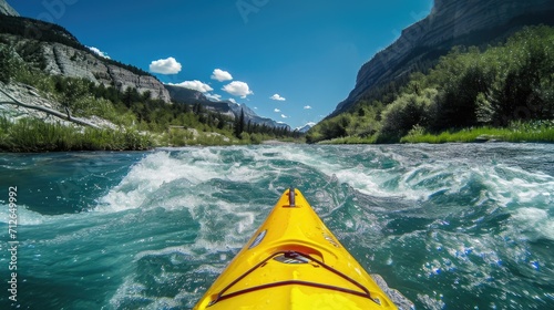 First person view from a yellow canoe on raging rapids. © Jouni