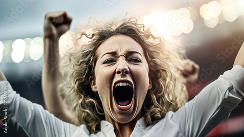 a female football fan exults in joy, celebrating her favorite teams victory. photo