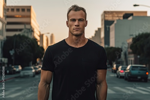 30 year old fashion model whering a plain black T shirt in Los Angeles 