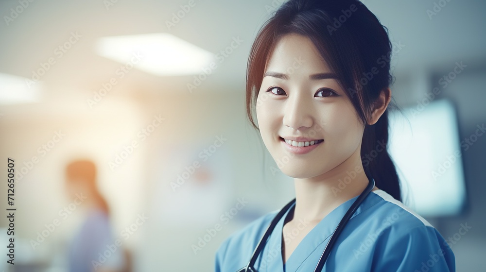 Asian nurse wearing a stethoscope and displaying a reassuring smile in a hospital setting Asian nurse wearing a stethoscope and displaying a reassuring smile in a hospital setting