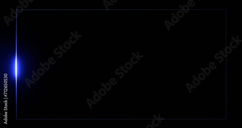 Frame with running blue beam template. Black rectangle illuminated by 3d render bright luminous line moving along perimeter for design of effective advertising and electric led shows