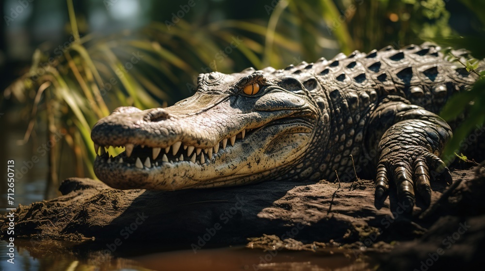 A crocodile basking in the sun near a riverbank
