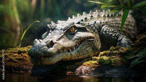 A crocodile basking in the sun near a riverbank