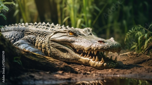 A crocodile basking in the sun near a riverbank © Arup Debnath