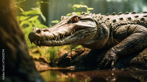 A crocodile basking in the sun near a riverbank © Arup Debnath