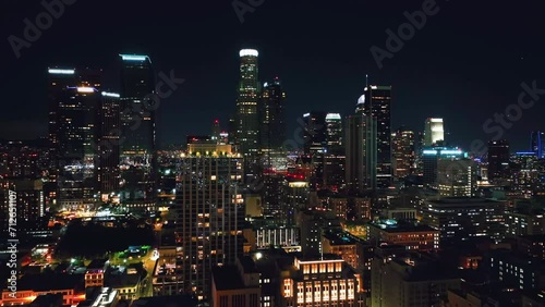 Aerial panoramic view of Los Angeles downtown at night in California. Night time downtown Los Angeles. Financial District. 
