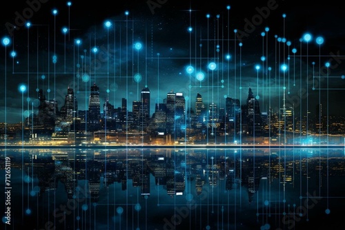 Urban network connected by grid lines, representing the concept of a technologically advanced city. Nighttime banner displaying an abundance of data. Generative AI