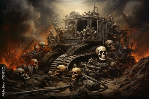 A vintage bulldozer amidst a heap of skulls, depicting an apocalyptic and hellish scene. Generative AI