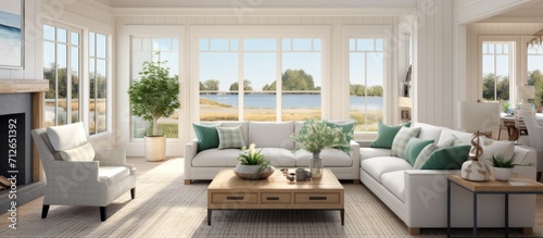 Contemporary farmhouse-style living room featuring spacious windows and cabinets in shades of blue and green.