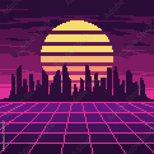 Pixel synthwave purple mesh with city and sun background. Neon vaporwave landscape with grid digital design with dark skyscrapers and striped star in night vector sky