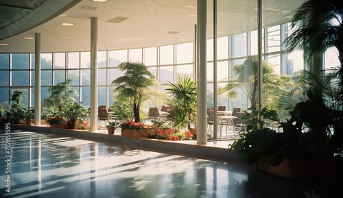 atrium with tropical plants and large windows © duyina1990