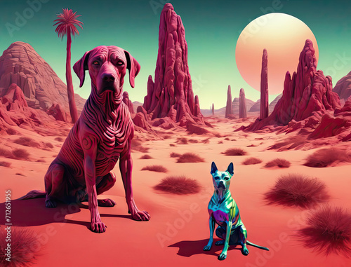 Psychedelic Desert Oasis - An Illustration of a Close-Up Dog, Nude Man, and Terror in a Mystical, Iridescent, and Sinister Setting Gen AI photo