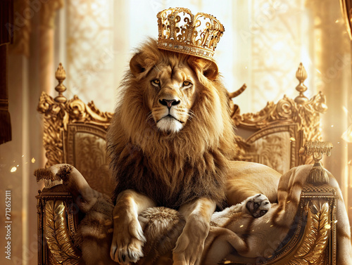 Proud lion with crown sitting on golden throne  medieval style  poster