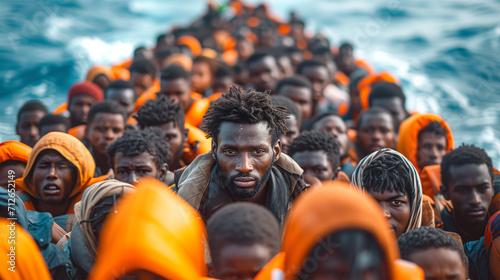 Boat full of african refugees photo