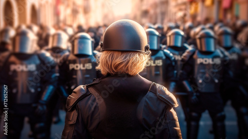 Rearward view of a woman anti riot overseeing a turbulent protest. Generative AI