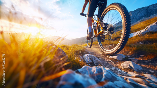 cyclist rides a mountain bike on a rocky path at sunset with golden light shining through the grass photo