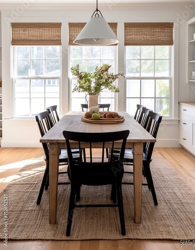 Black chairs and a wooden table in a dining room