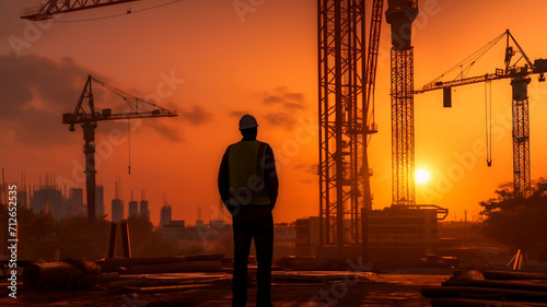Back turned silhouette of a builder stands in construction site, Generative AI