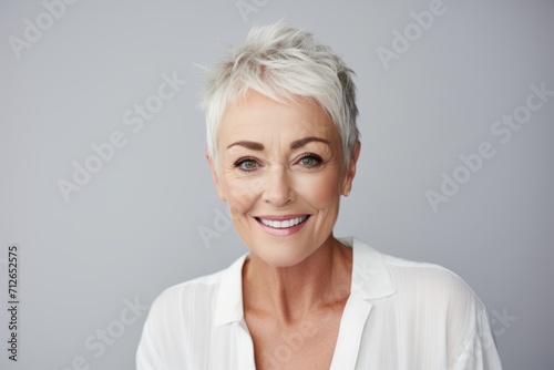 Attractive mature woman looking at camera and smiling while standing against grey background