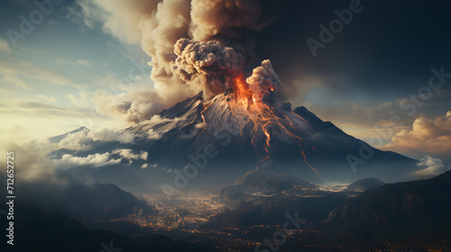 Volcanic eruption paints the landscape with flowing lava and ash. Generative AI.