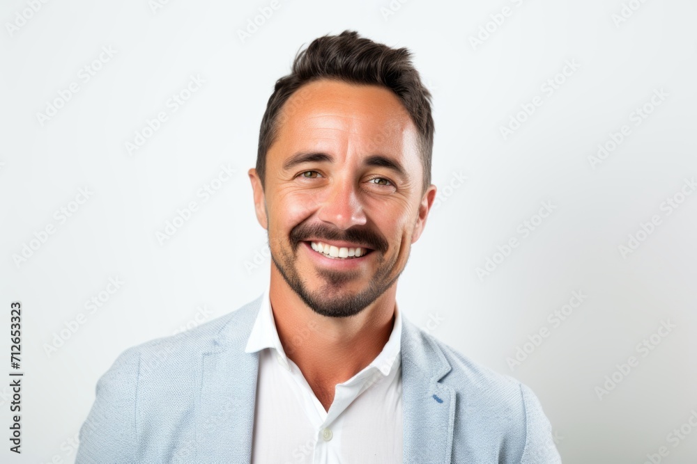 Portrait of a handsome young man smiling on a white background.
