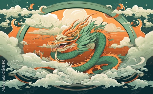 Celebrate Chinese New Year with a dynamic watercolor showcasing a powerful green dragon, capturing the essence of the festive spirit. © jambulart