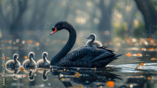 Black swan and cygnets photo