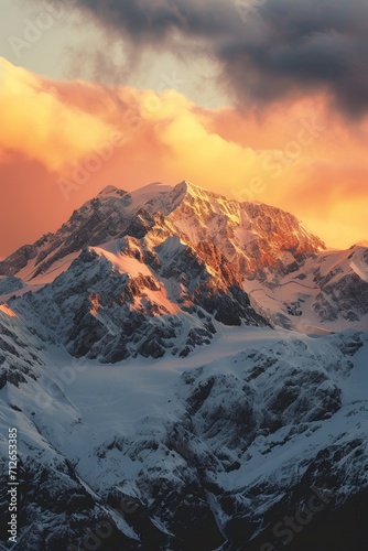 Sphoto beautiful scenery of high rocky mountains covered with snow under the breathtaking sky, suns from the sunset, Minimalist style