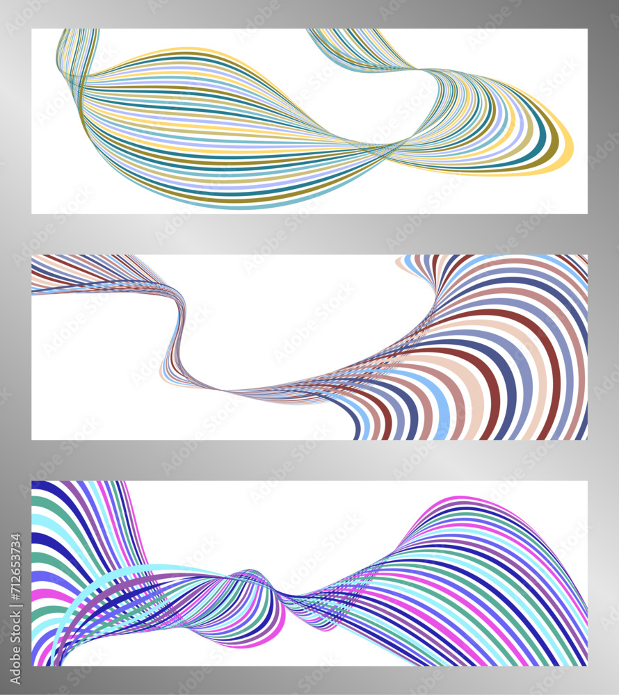Wavy lines or ribbons. Set of 3 backgrounds. Multicolored striped gradient. Creative unusual background with abstract gradient wave lines to create a trendy banner, poster. vector eps Wavy lines or ribbons. Set of 3 backgrounds. Multicolored striped gradient. Creative unusual background with abstract gradient wave lines to create a trendy banner, poster. vector eps