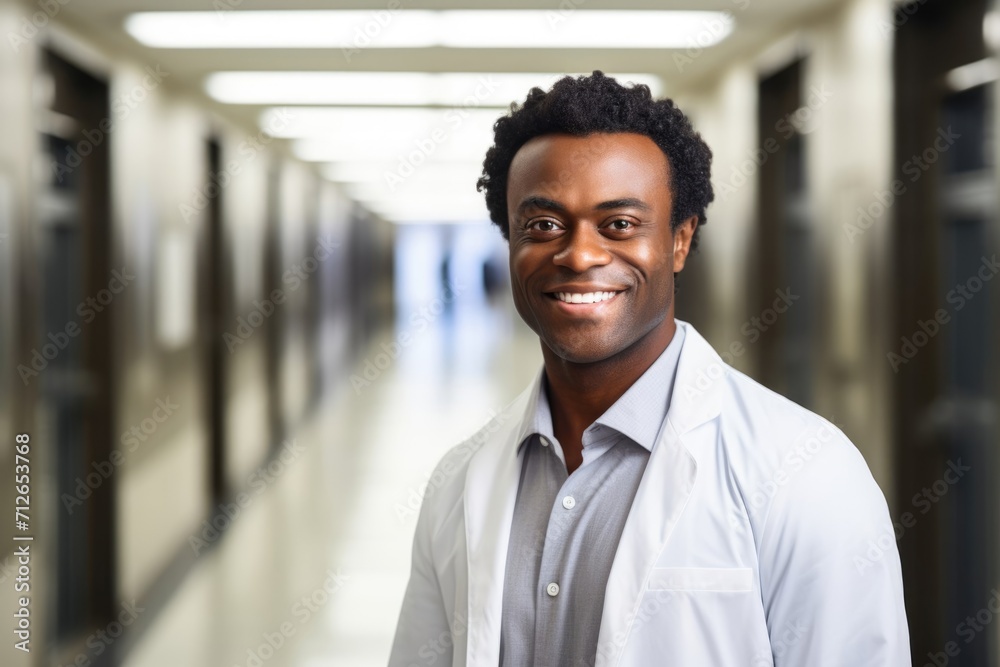 portrait of an African-American male doctor, a guy in a hospital gown, a smiling nurse, a hospital corridor, national doctors Day, world Nurses Day portrait of an African-American male doctor, a guy in a hospital gown, a smiling nurse, a hospital corridor, national doctors Day, world Nurses Day
