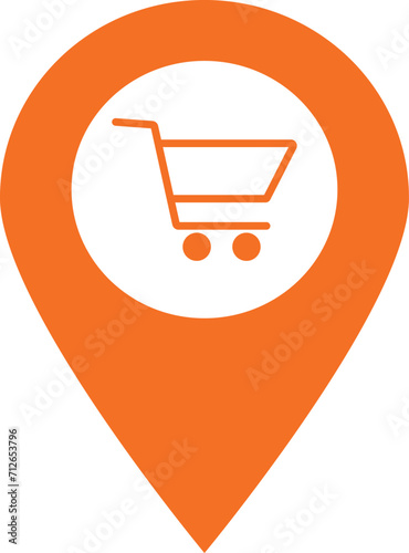 Map pointer with shopping cart icon . Shopping cart pin icon vector . Shop location icon