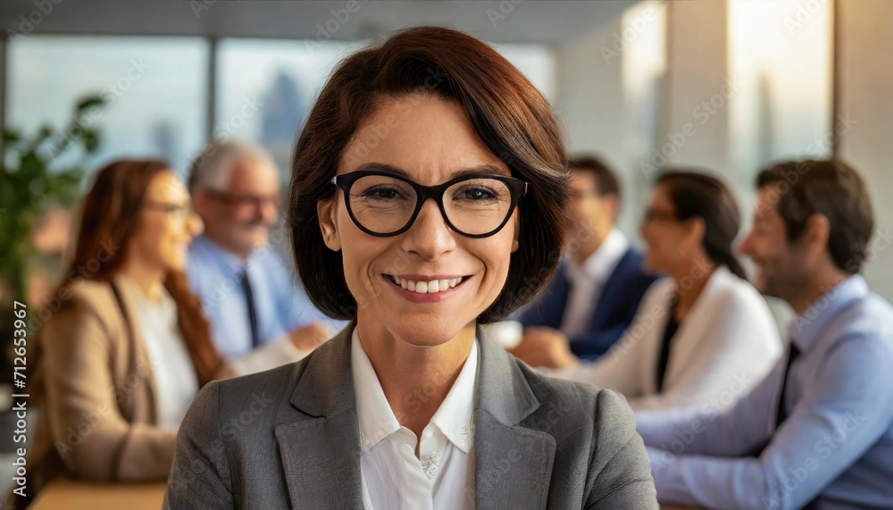 Candid shot of a smiling middle-aged woman with glasses in a casual business meeting, with a focus on her expressive joy Candid shot of a smiling middle-aged woman with glasses in a casual business meeting, with a focus on her expressive joy