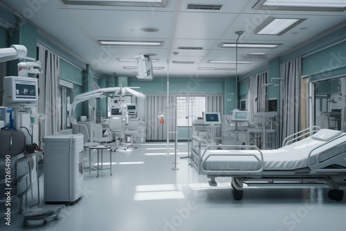 Hospital room with beds. Medical world, event related to care, medical news, hospitalization of a patient, nursing home;