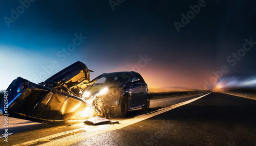 Car crash dangerous accident on the road at night. copy space 